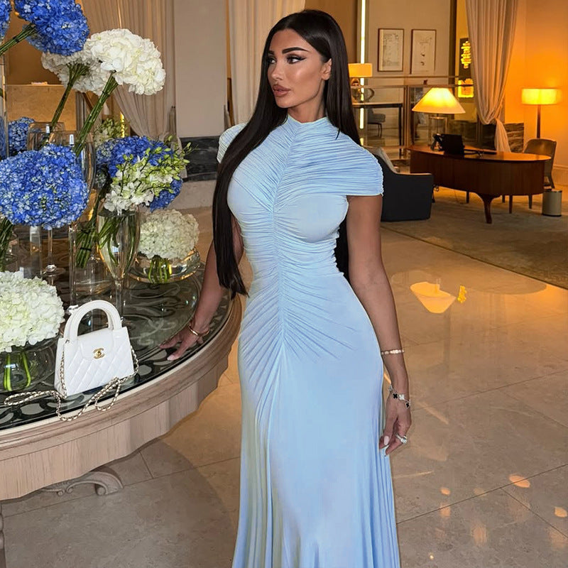 Elegant Women's Pleated Solid Color Bodycon Slim High Neck Short-Sleeve Long Dress 6