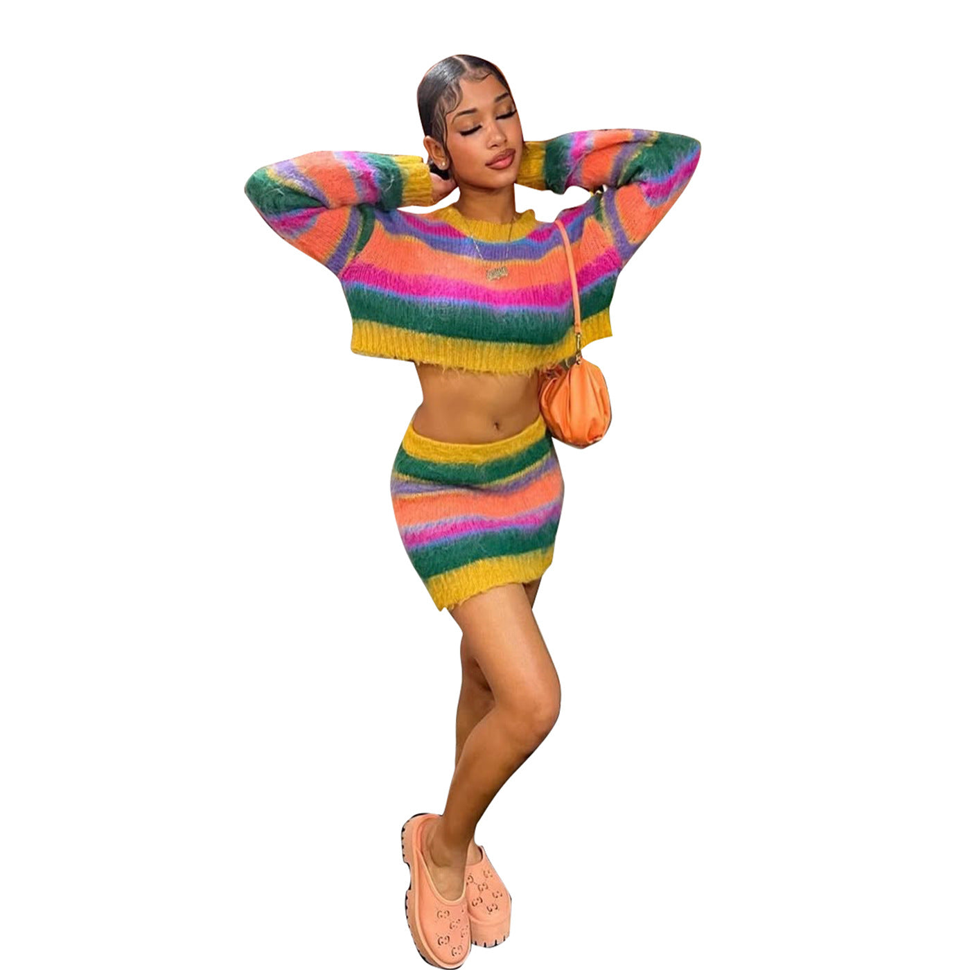 Women casual striped knitting two-piece top and skirt 3