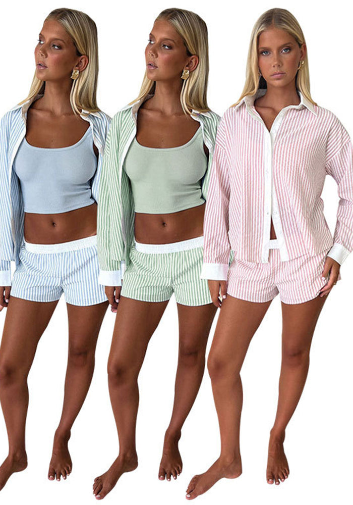 Summer Turndown Collar Long Sleeve Striped Shirt Elastic Waist Shorts Two-Piece Set