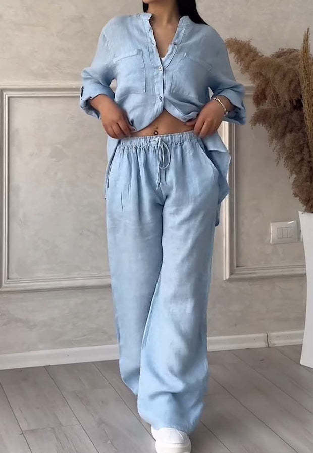 Women Casual Solid Shirt Wide Leg Pants Two Piece Set 9