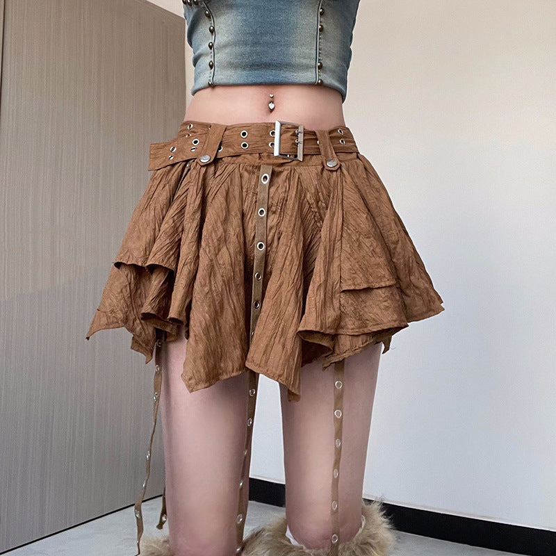 Fashion Low-Waist Metal Buckle Belt Irregular Ribbon Skirt