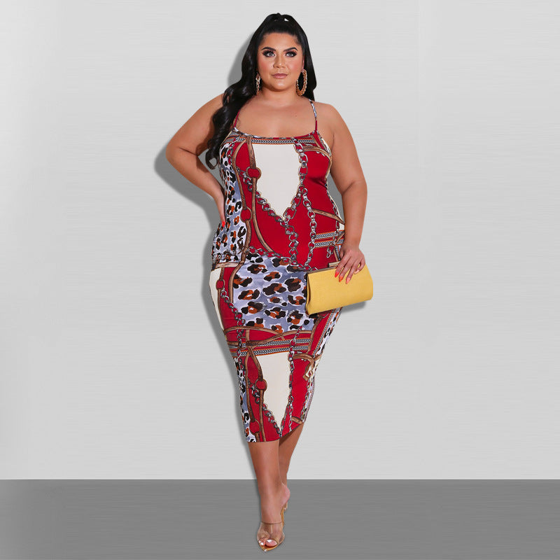Plus Size Women Summer Print Backless Strap Dress 3