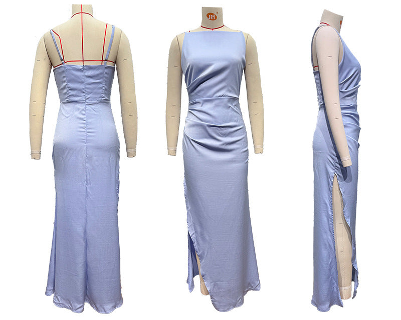 Women Solid Sexy Backless Slit Sleeveless Strap Dress 18