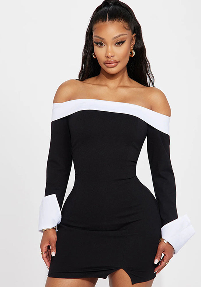 Women contrast Off Shoulder long sleeve Bodycon dress