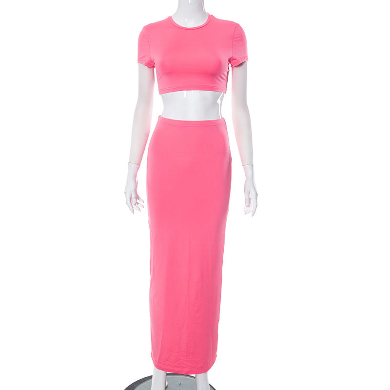 Women's Spring Solid Short Sleeve Crop Two Piece Skirt Set 42