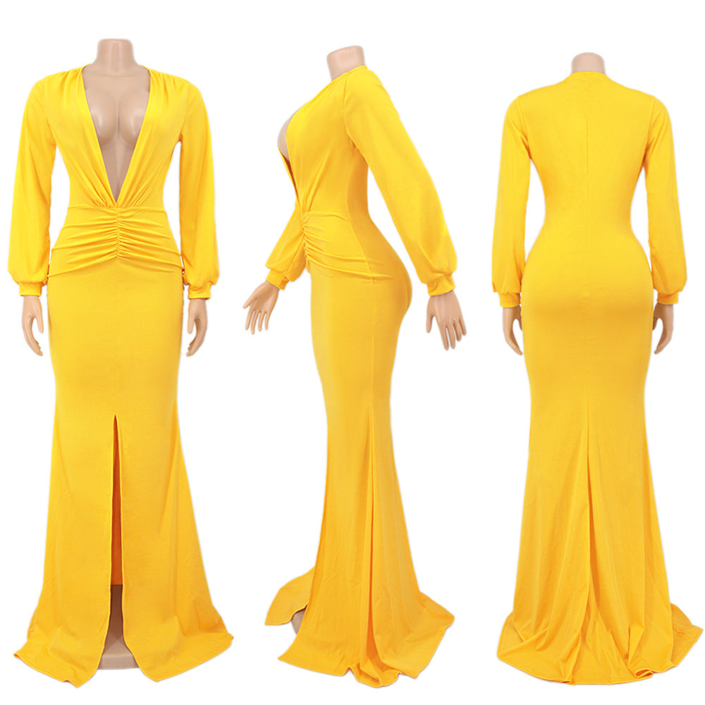 Women Solid V-neck Sexy Slit Long Sleeve Dress 11