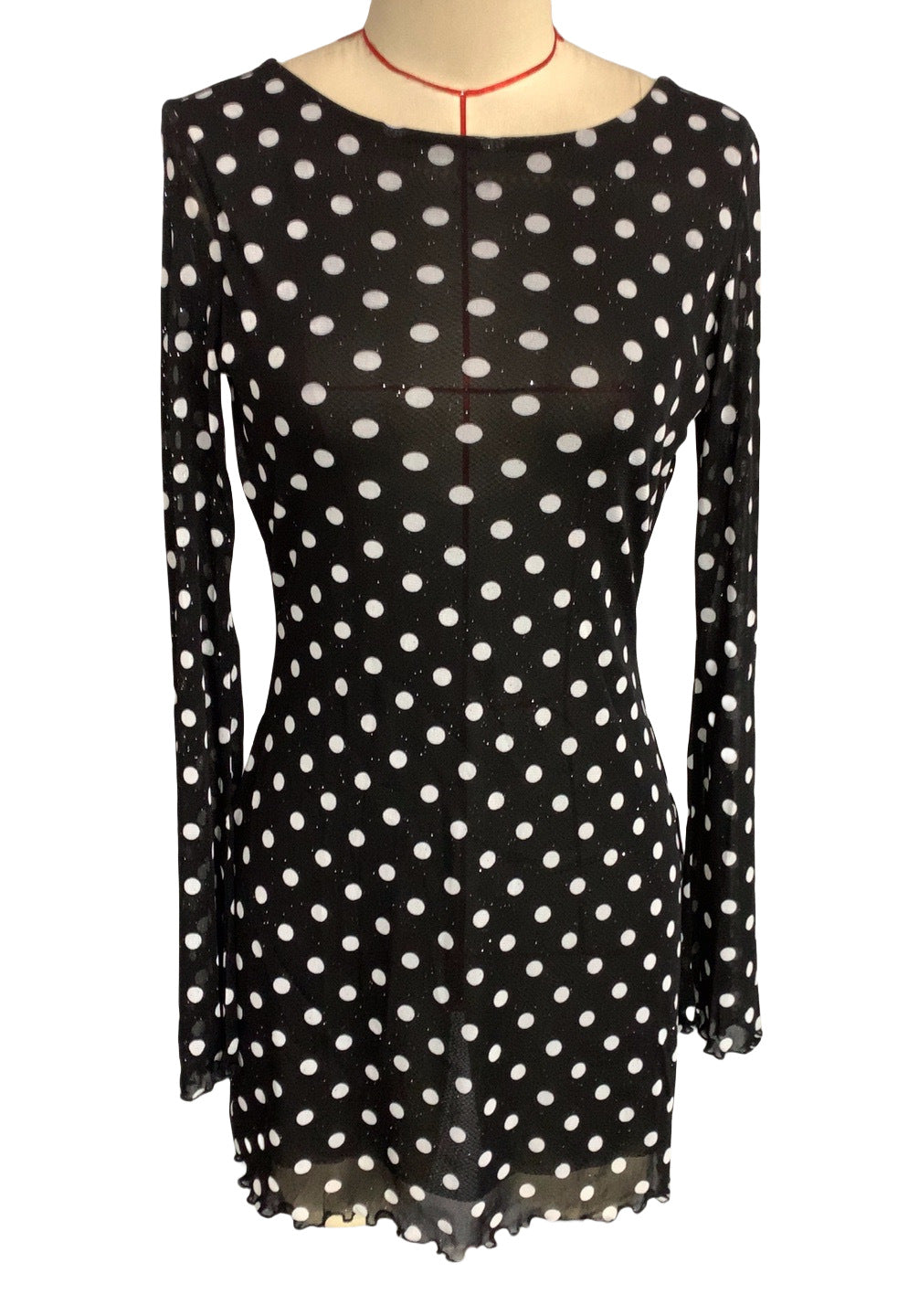 Women's Mesh Polka Dot Print Round Neck Low Back Long Sleeve Dress 9
