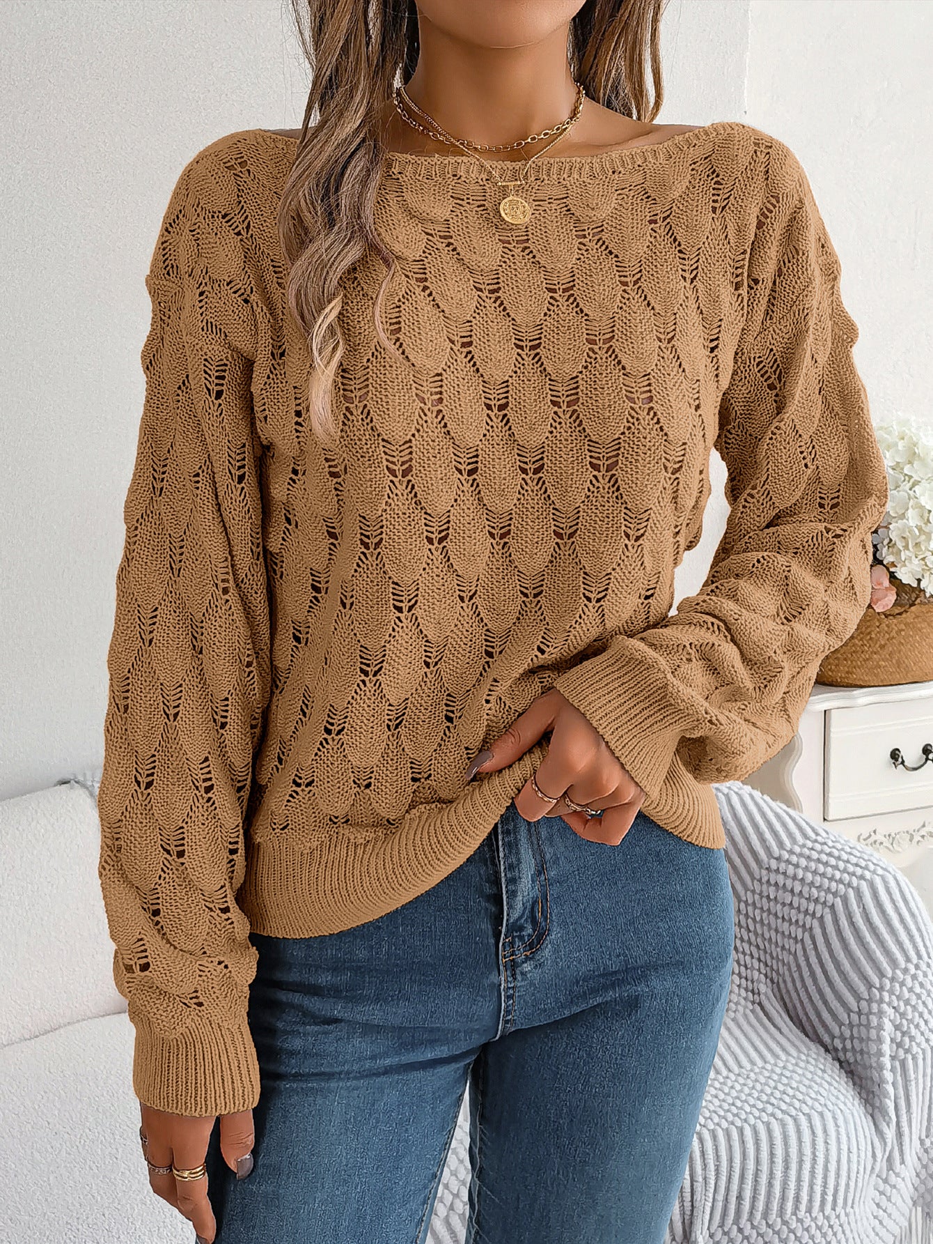 Women Autumn and Winter Casual Feather Hollow Off Shoulder Off-Shoulder Balloon Sleeve Sweater 13