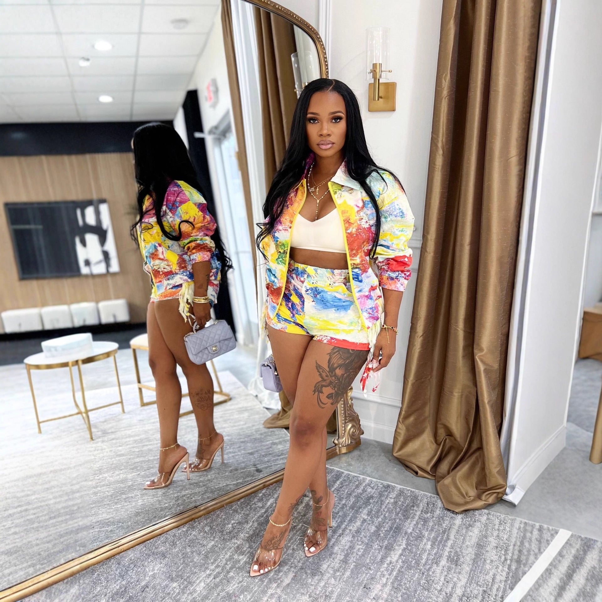 Women's Star Print Long Sleeve Shirt and Shorts Set with Two Pockets 4