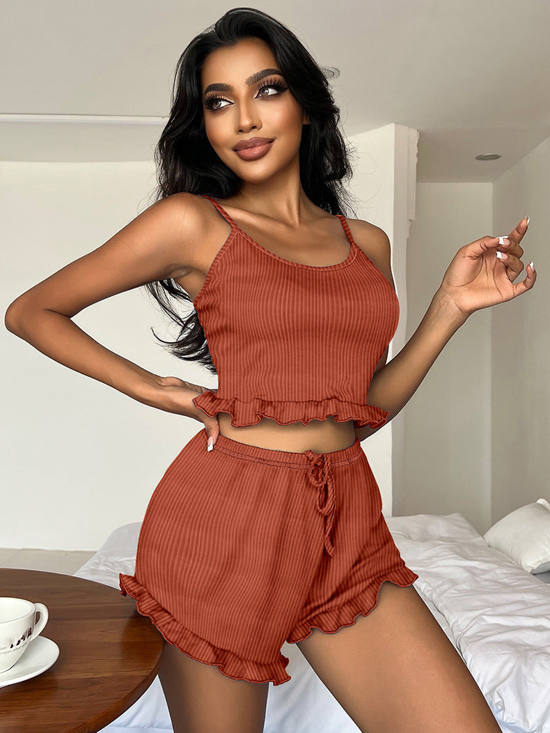 Women Sexy Ribbed Tank Cross Lace-Up Suspender Top and Shorts Pajama Two Piece Set 3