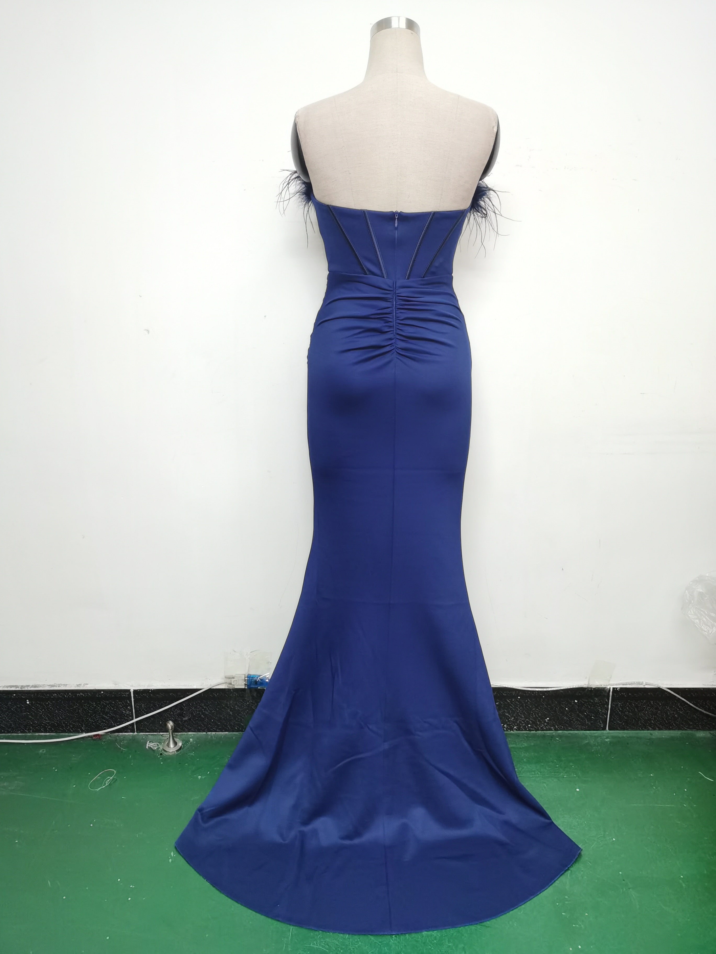Feather Strapless Herringbone Slim Waist Solid Color Slit Evening Dress 23