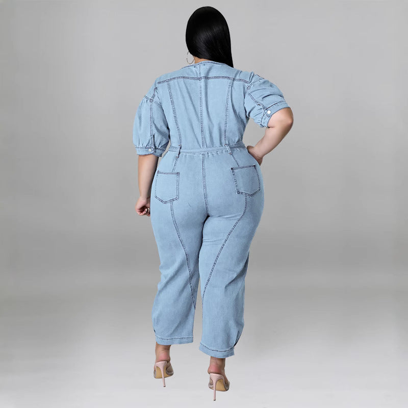 Plus Size Women summer short-sleeved zipper Denim Jumpsuit 5