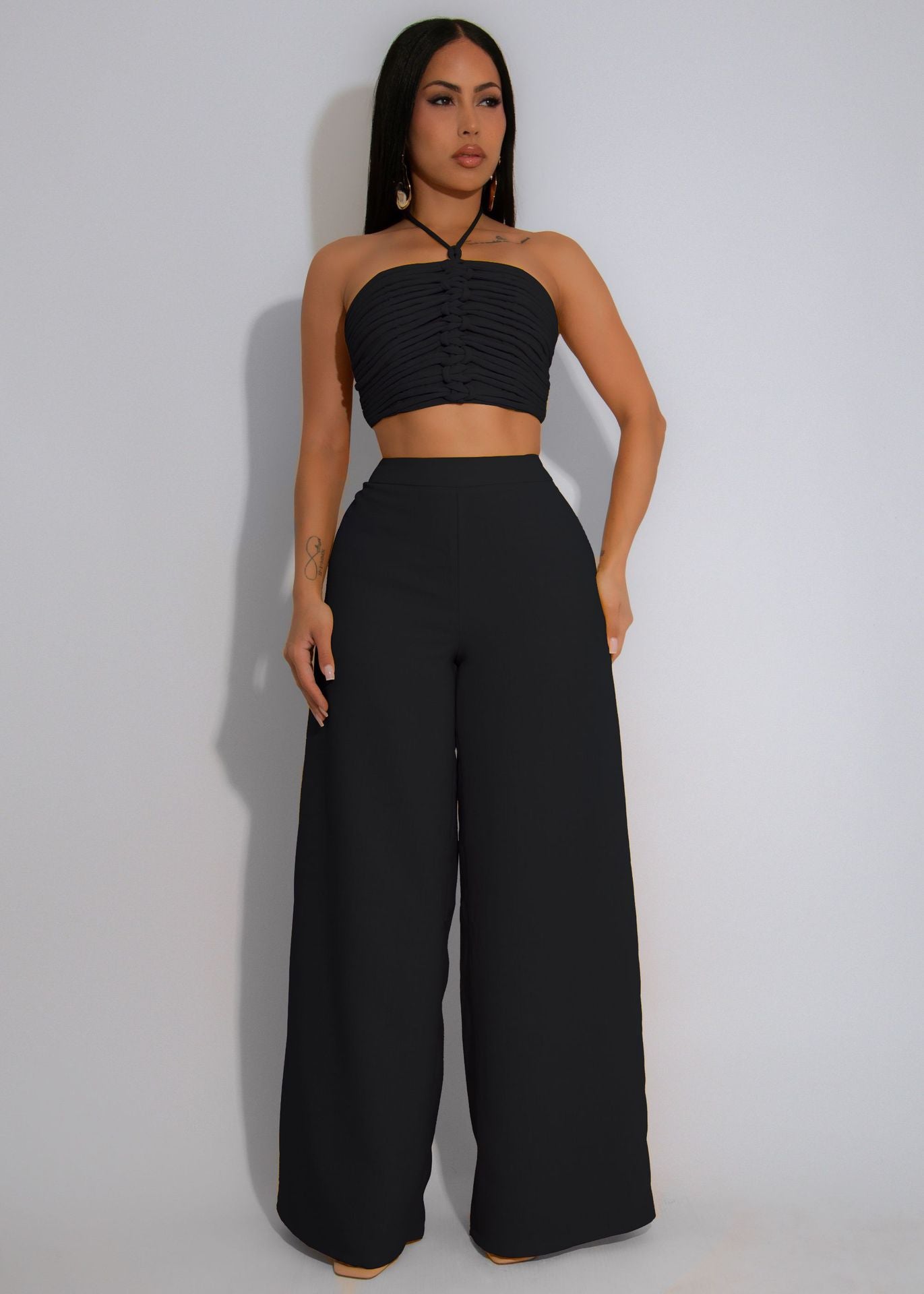 Halter Drawstring Top High-Waist Side-Zipper Loose Pants Two-Piece Set 3