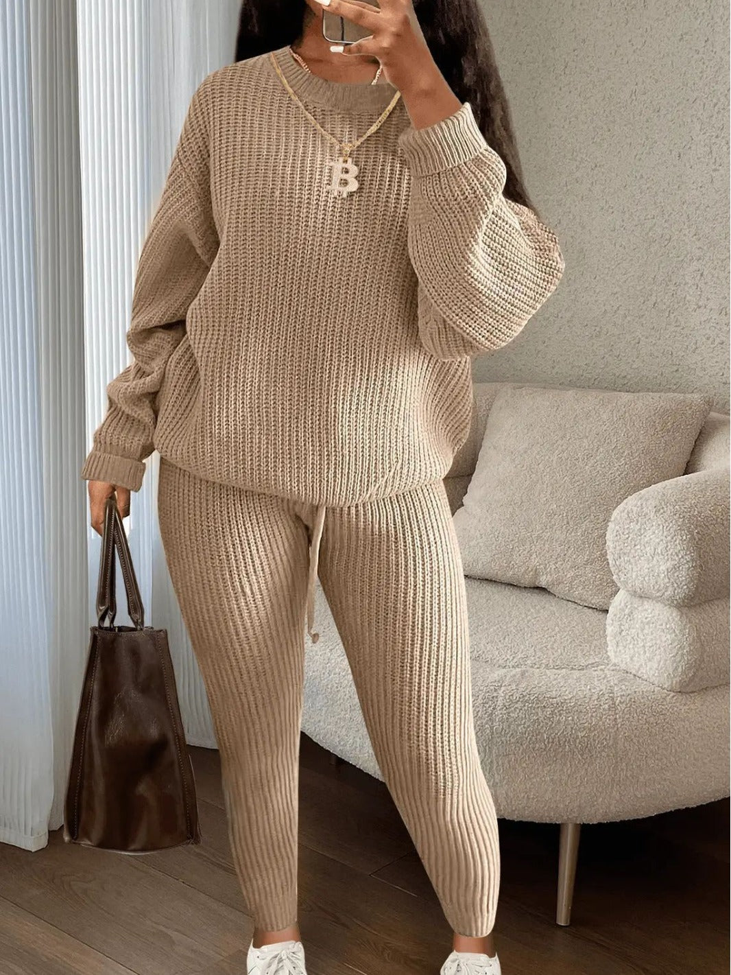 Fashion Casual Knitting Two Piece Pants Set Solid Long Sleeve Loose Sweater Trouser Suits Women's Clothing 17