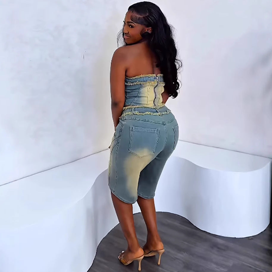 Women Denim Top Denim shorts two-piece set 4