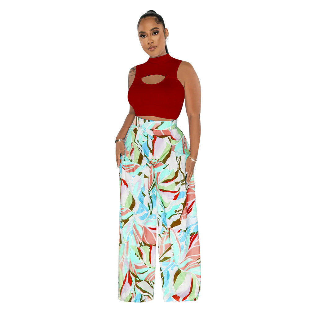 Women's Fashion Sleeveless Round Neck Cropped Top Printed Wide Leg Pants Two-Piece Set 10