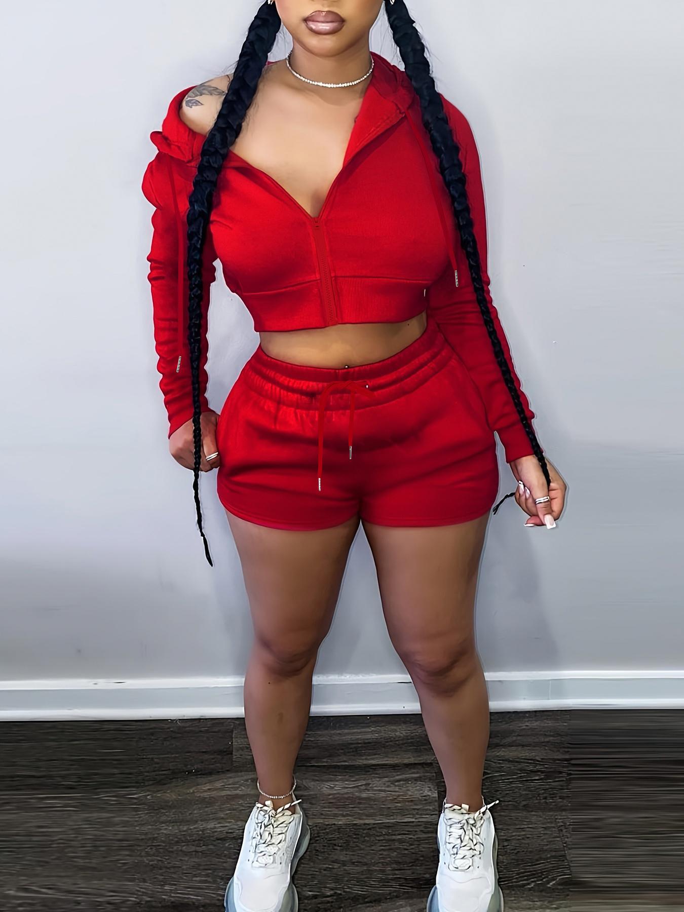 Women's Fashion Casual Spring Hooded Solid Color Two-Piece Shorts Set 7