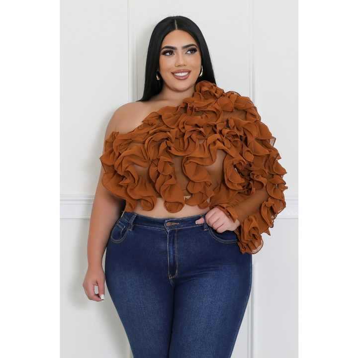 Plus Size Women's Slash Shoulder Long-Sleeved Sexy Solid Color See-Through Mesh Top 5