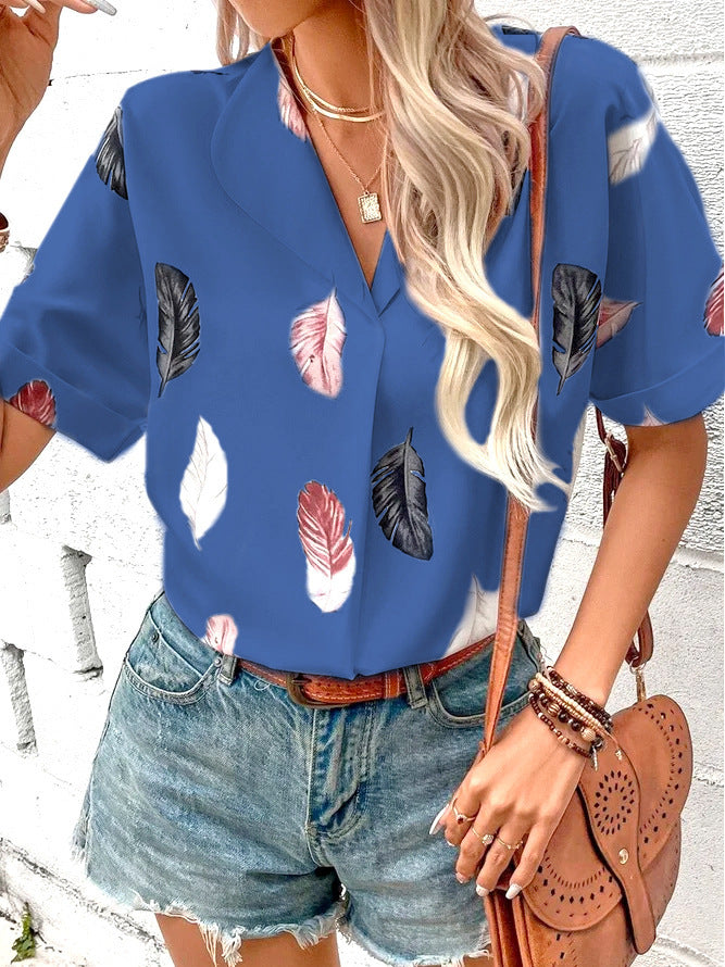 Spring And Summer Women's Turndown Collar Feather Print Shirt 8