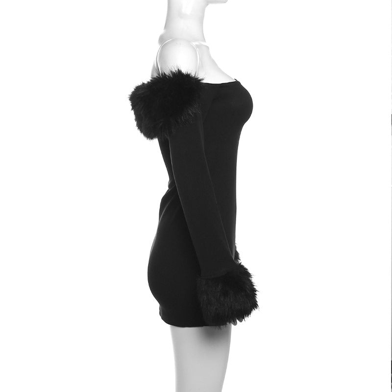 Women Solid Backless Furry Long Sleeve Bodycon Dress 10