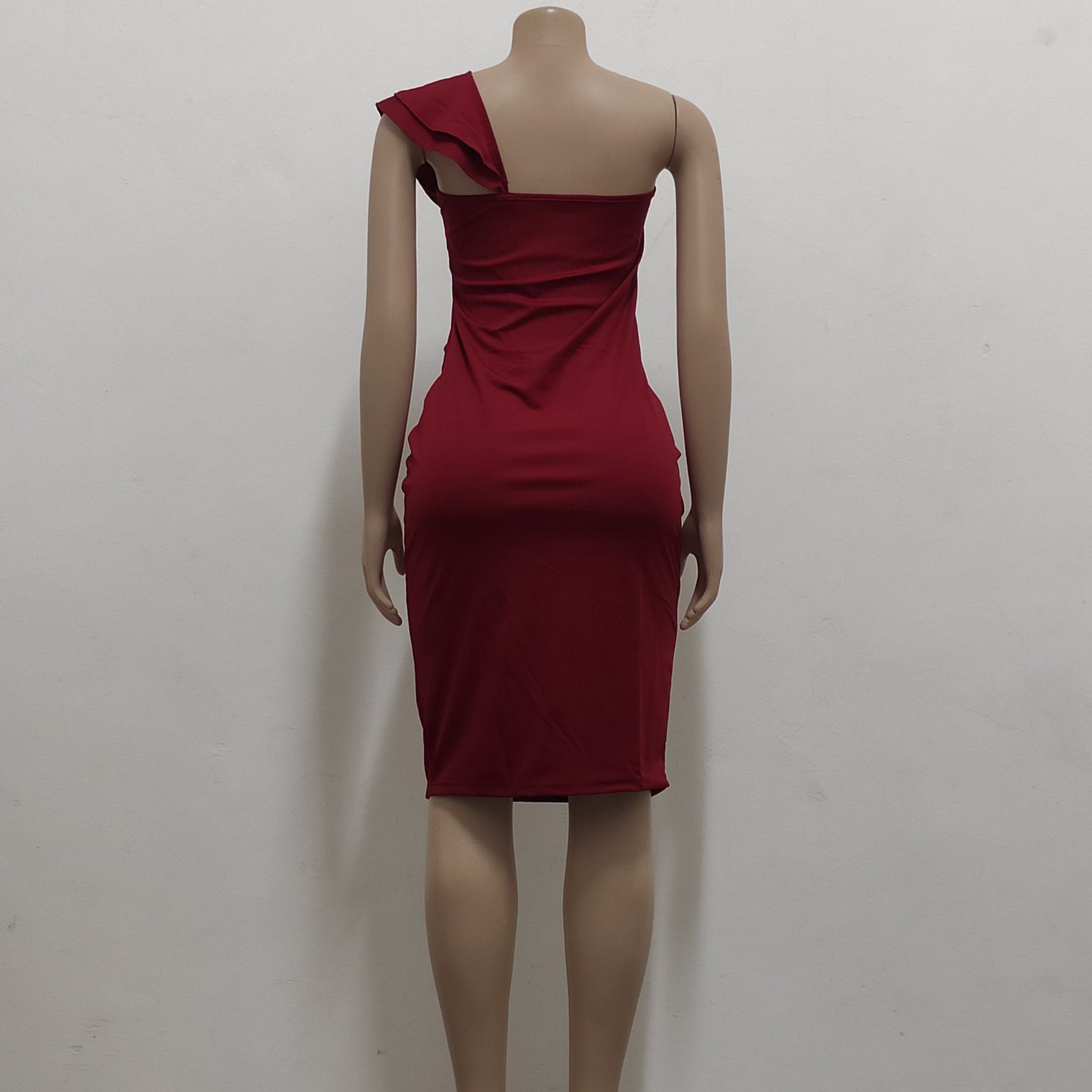 Women Sexy Solid One Shoulder Ruffle Dress 21