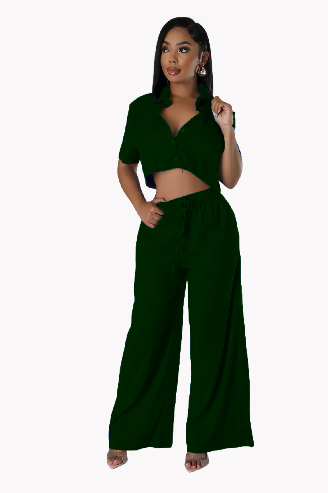 Sexy Fashion Solid Color V-Neck Casual Shirt Wide Leg Pants Two-Piece Set 3