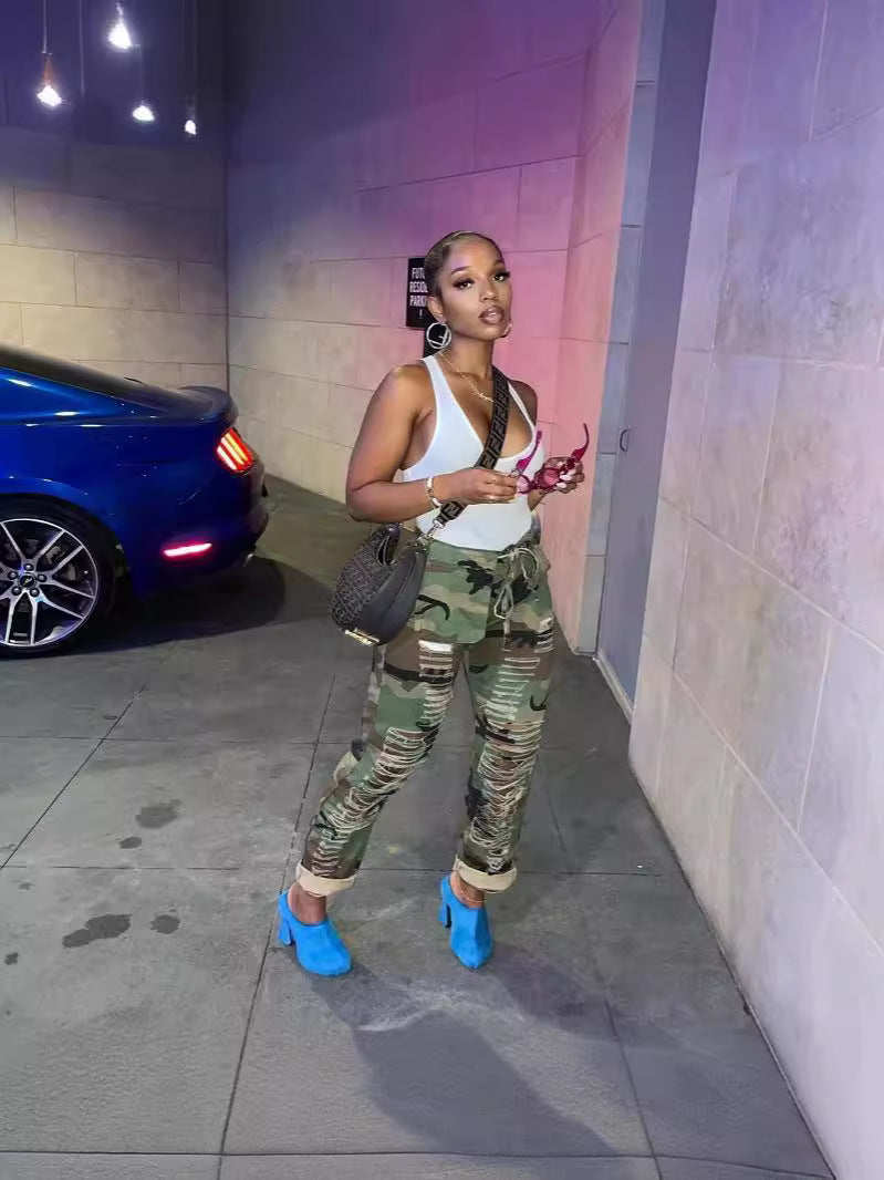 Spring Summer Women's Ripped Hollow Camouflage Long Pants 3