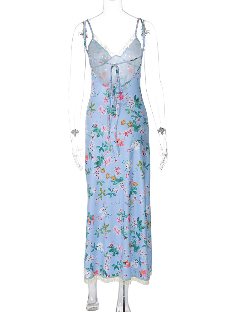 Floral Strap Sexy Low Back Slim Long Dress 12