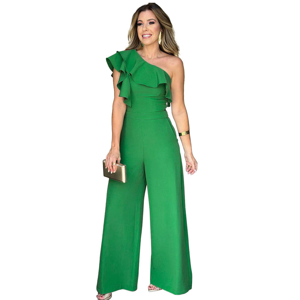Ruffle One Shoulder High Waist Loose Straight Chic Women's Jumpsuit 10