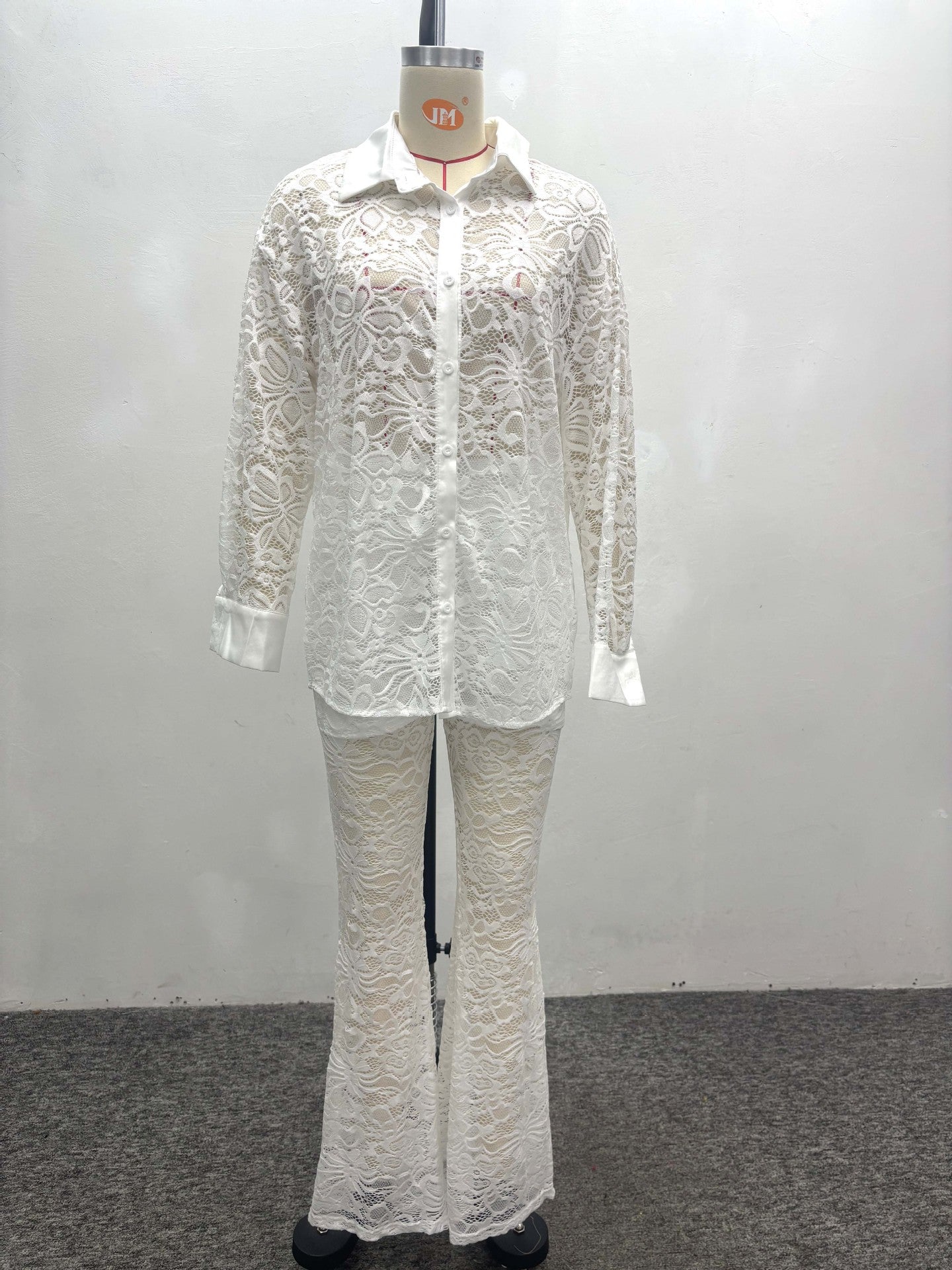 Women Hollow White Cardigan Lace Shirt and Wide-leg Pants Two-piece Set 10