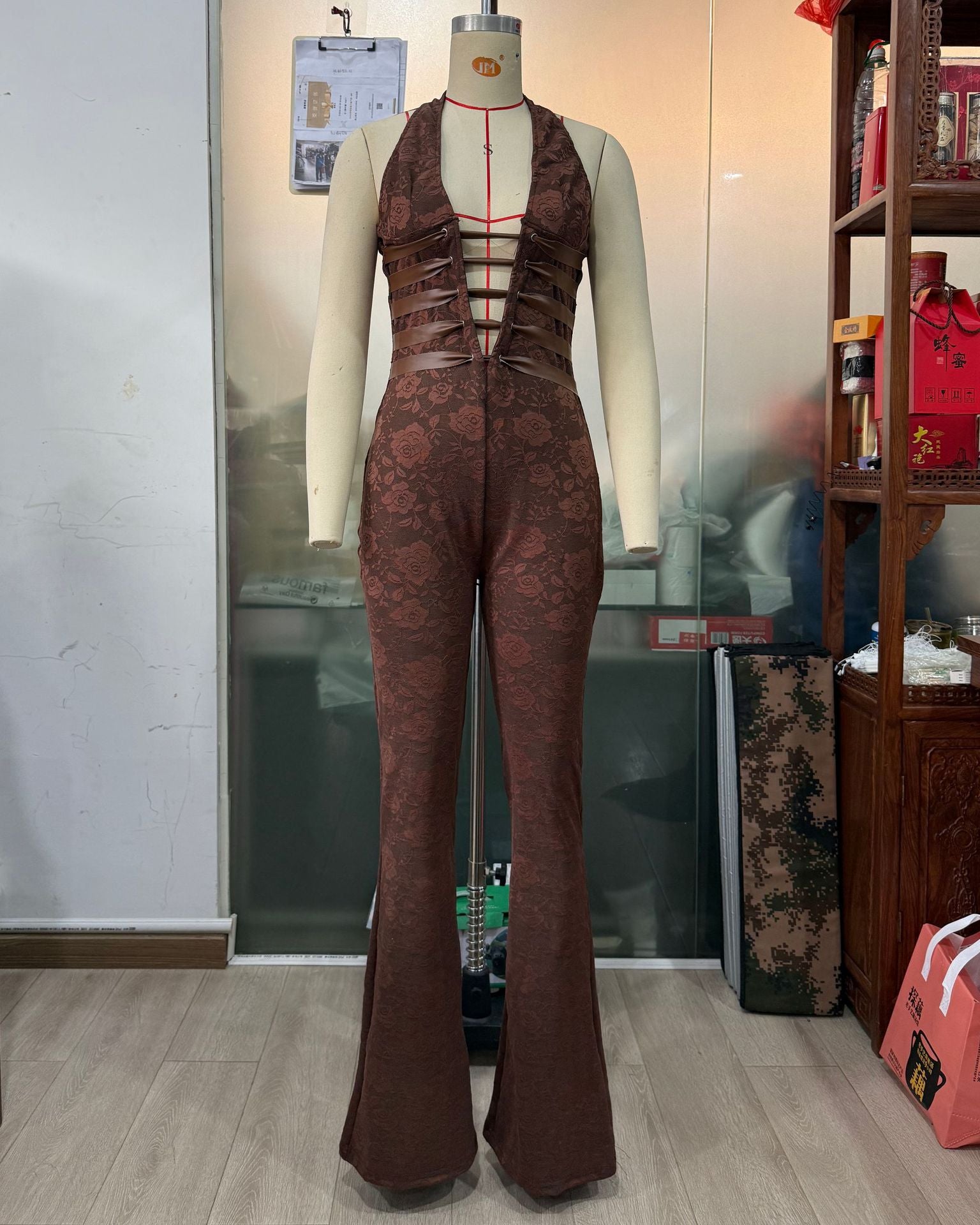 Sexy See-Through Lace Halter Lace-Up Slim-Fit Flare leg Jumpsuit 4