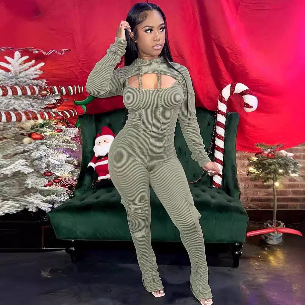 Autumn Winter Solid Color Long Sleeve Hooded Top Sexy Strap Slim Jumpsuit Two-Piece Set 6