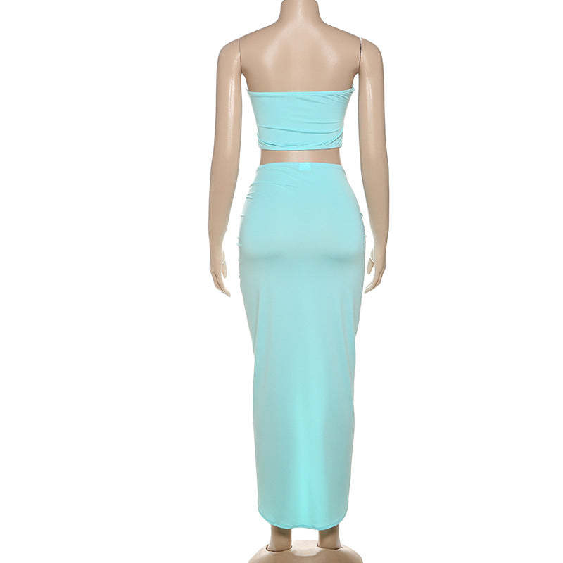 Summer Hollow Low Back Strapless Top and High Waist Solid Color Slit Skirt Set for Women 12