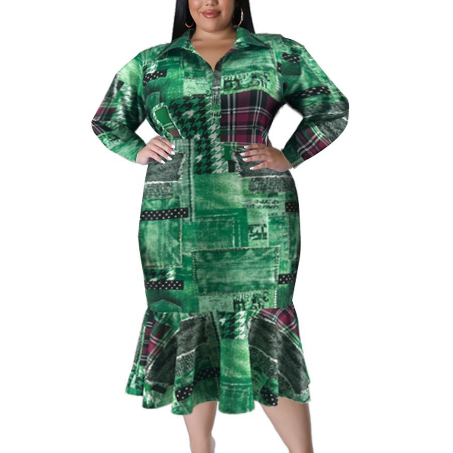 Plus Size Fall Women's Collared Open Long Sleeve Dress 10
