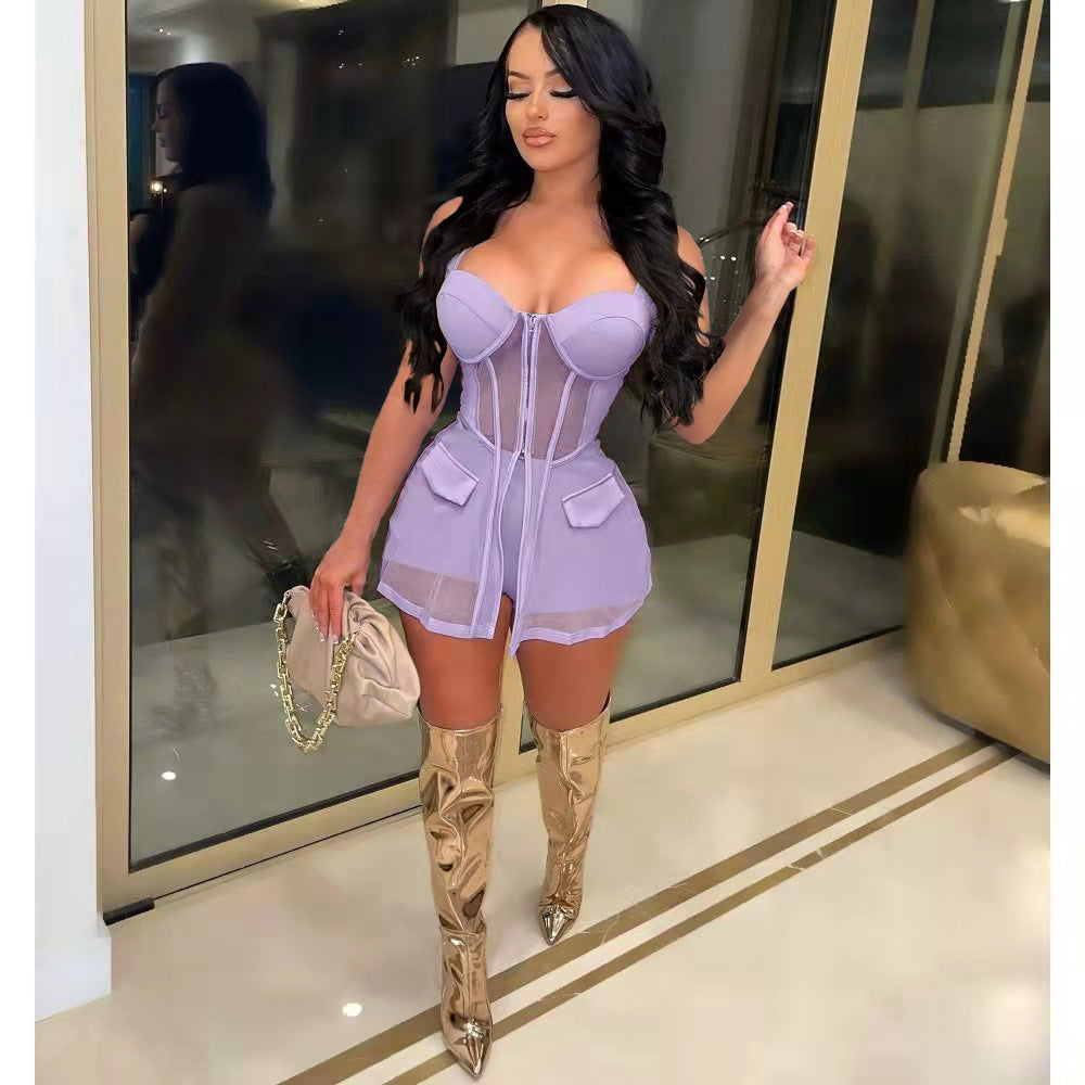 Women Mesh See-Through Patchwork vest shorts 2-piece set 4