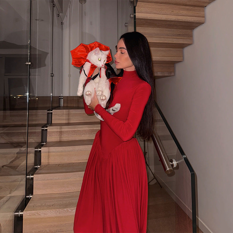 Autumn Solid Color High Neck Long Sleeve Slim Slit Pleated Long Dress