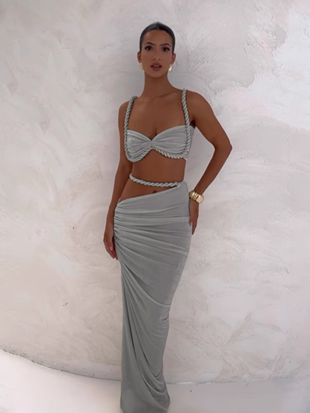 Women Spring Sexy Solid Backless Top and Bodycon Skirt Two-piece Set 14