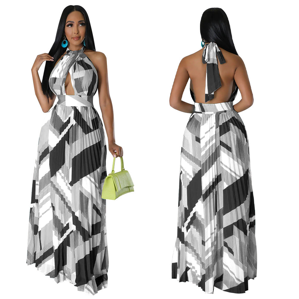 Women Halter Neck Backless Pleated Print Sleeveless Dress 7