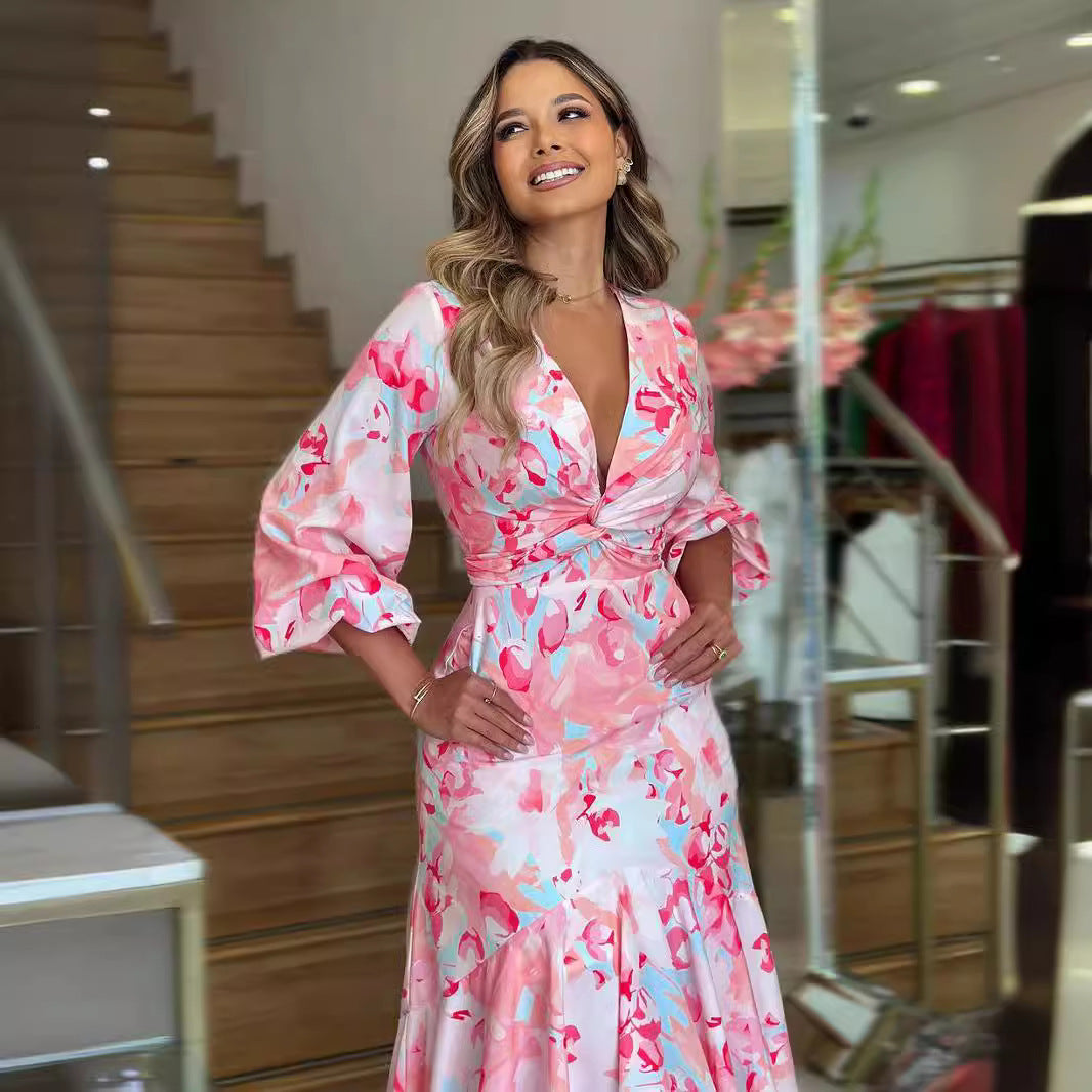 Women V-Neck Bubble Long Sleeve Irregular Ruffle Dress