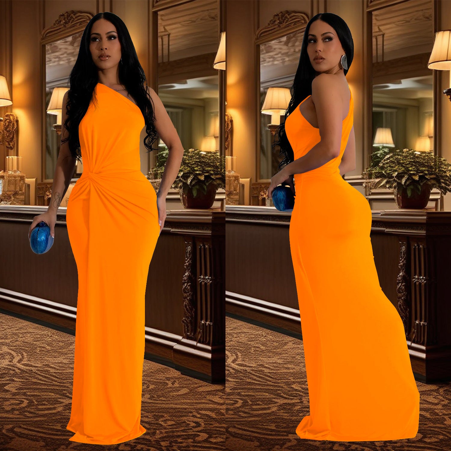 Fashion women one shoulder slim evening dress 5