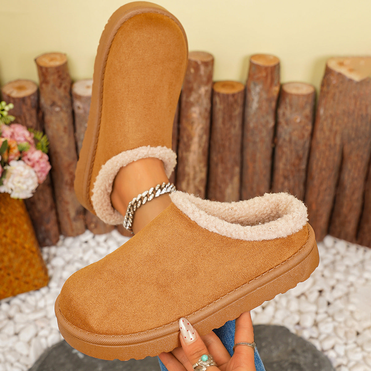 Women's Winter Plush Warm Fleece Soft Sole Round Toe Flat Bottom Slippers 5