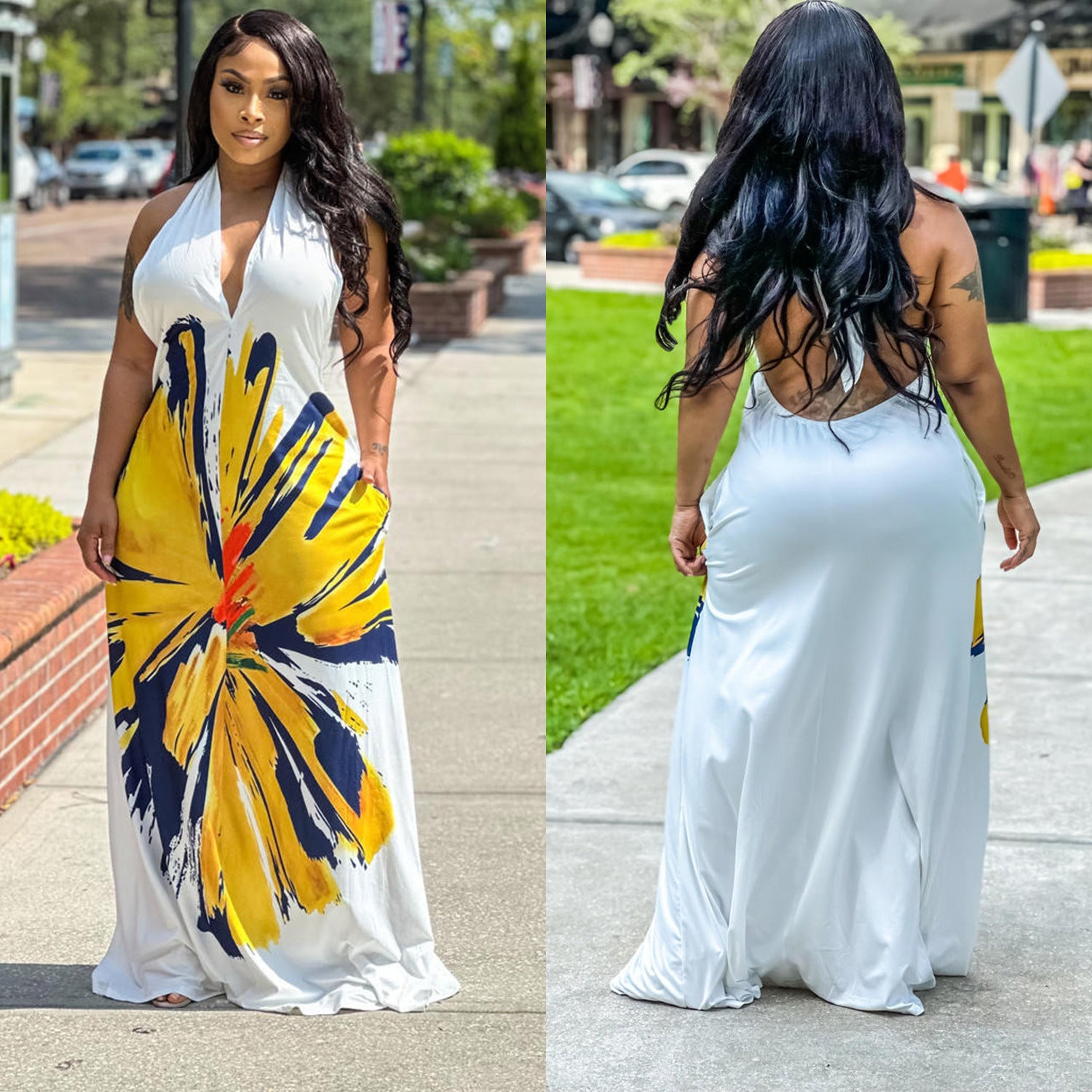 Women's Fashion Low Back Halter Neck Gown Print Maxi Dress 4