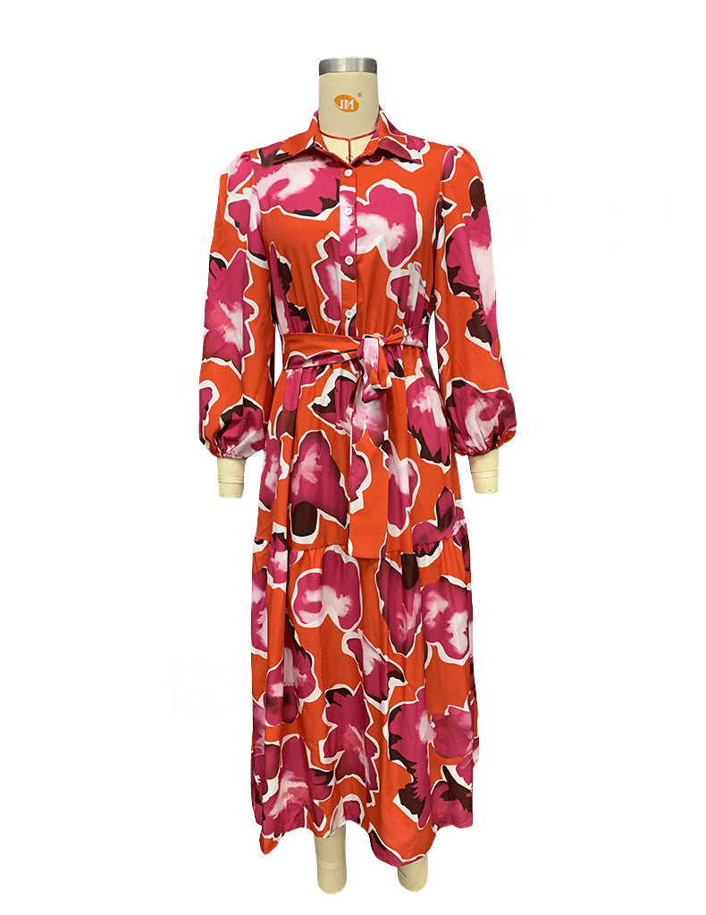 Autumn Women's Fashion Print Turndown Collar Long Sleeve Maxi Dress 10