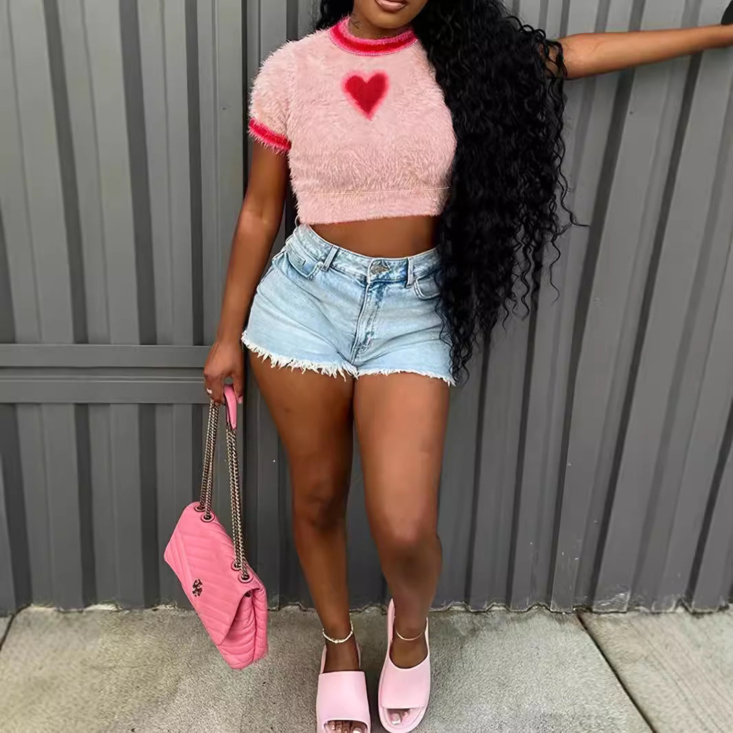 Autumn Winter Fashion Heart-Shaped Top Round Neck Pullover Slim Knitting Crop Sweater 4