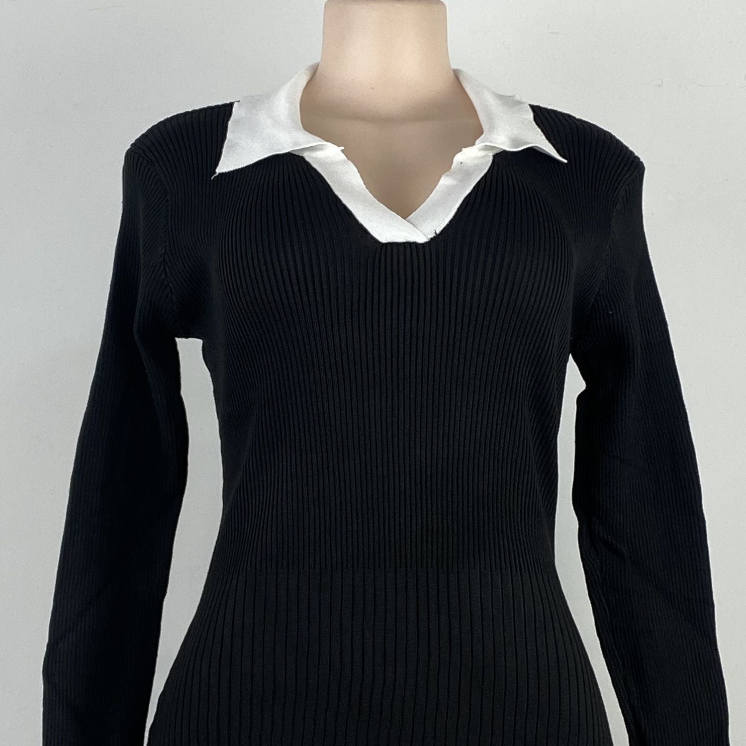 Autumn Casual Chic V-Neck Color Block Slim Fit Stretchy Knit Bodycon Dress 10