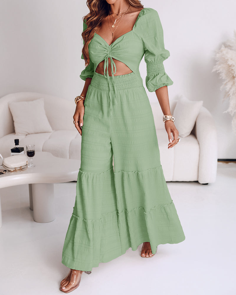 Women Square Neck Drawstring Puff Sleeve Wide Leg Jumpsuit 3