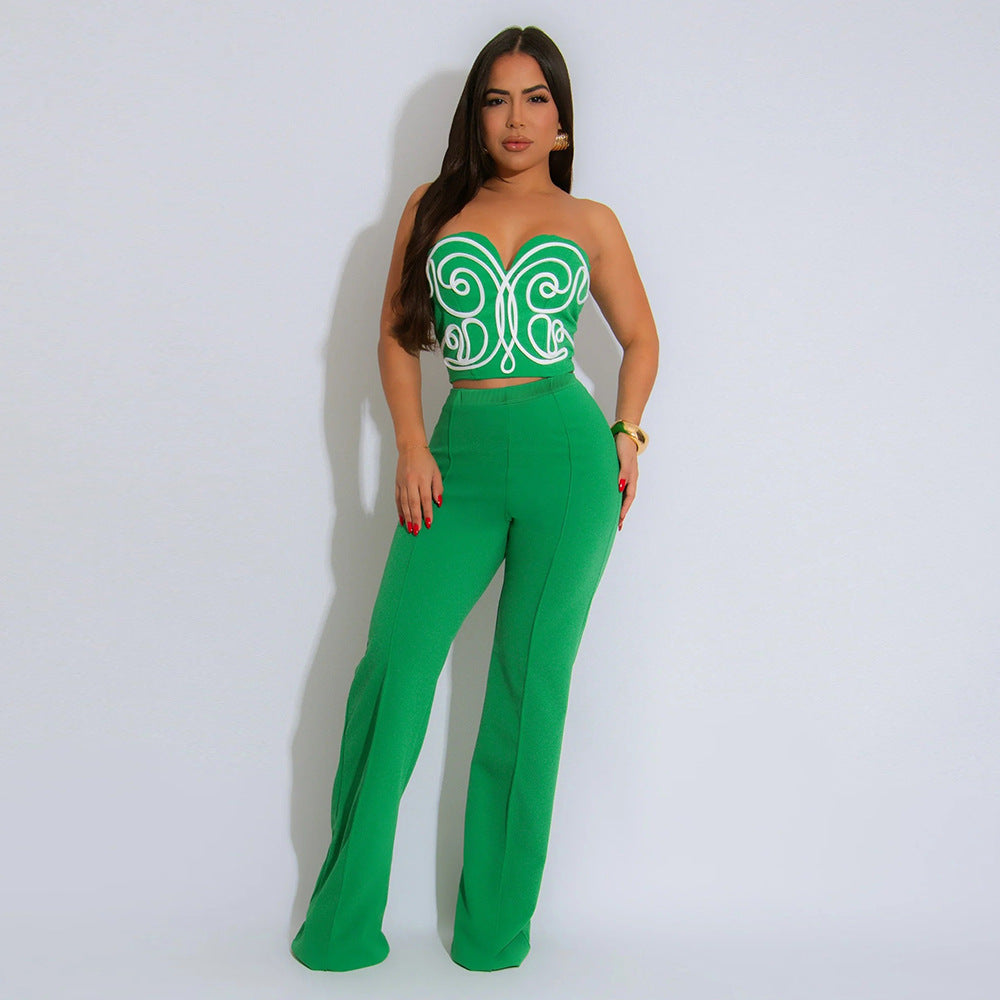 Women Strapless Crop Top and Solid Long Pants Two-Piece Set 5