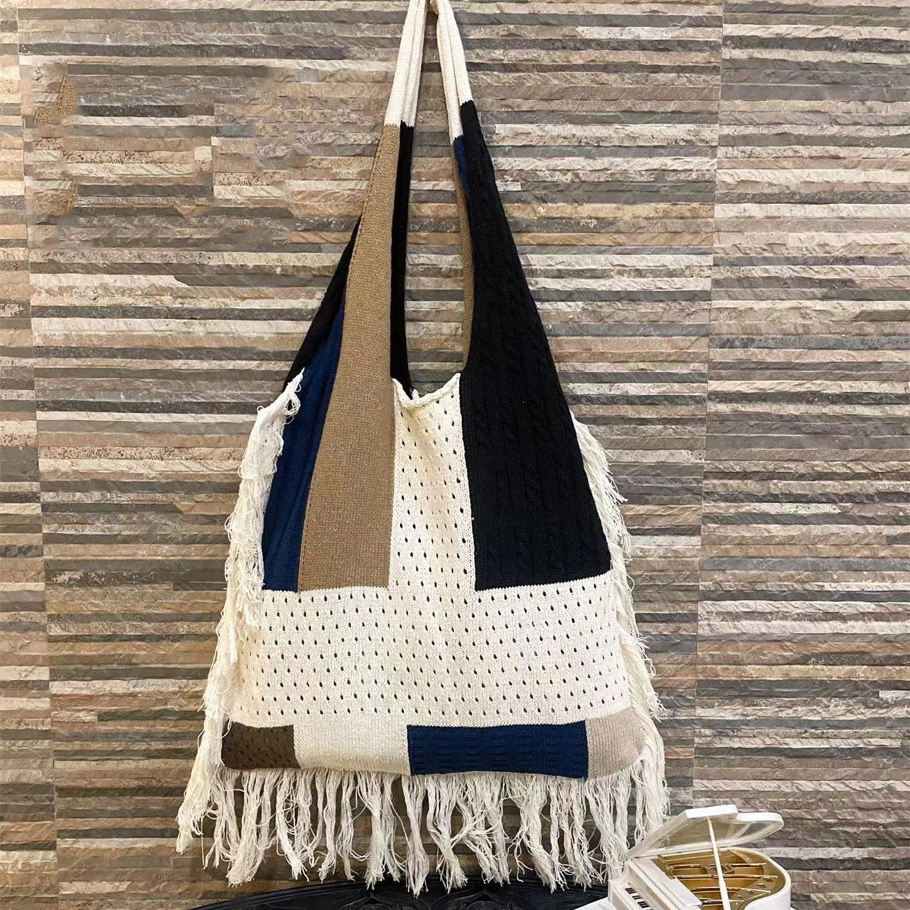 Fringed Women Patchwork Knitting Handbag Single Shoulder Bag Retro Knitting Bag 7