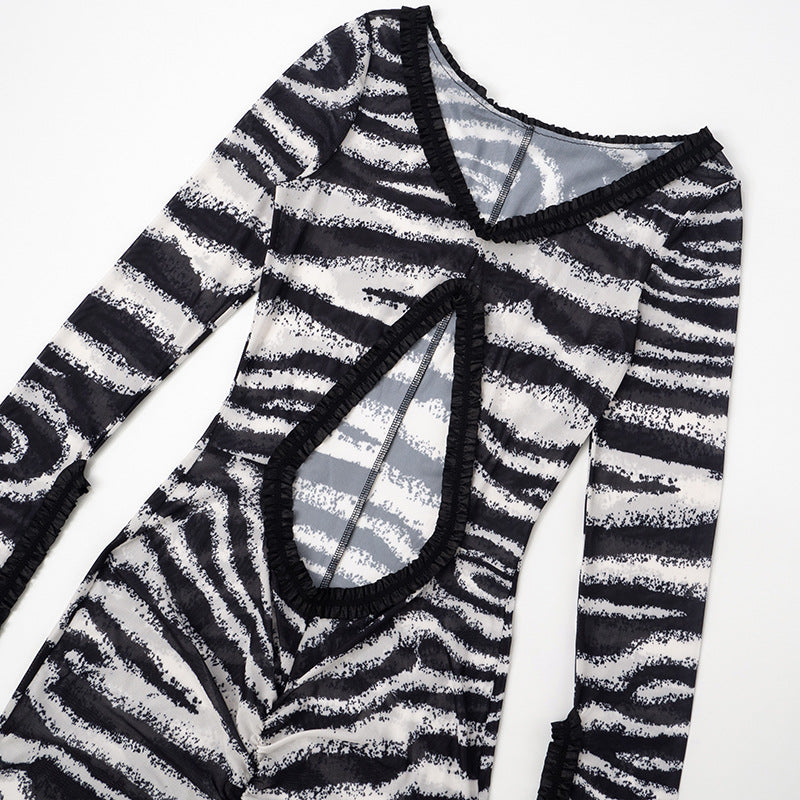 Women's Summer Autumn V-Neck Zebra Print Cut-Out Ruffle Slit Long Dress 9