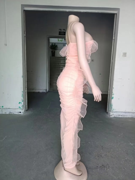Ruffled See-Through Mesh Slit Strap Bodycon Dress 10
